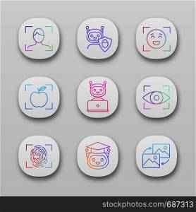 Machine learning app icons set. Artificial intelligence. Chatbot, face, retina, fingerprint identification. UI/UX user interface. Web or mobile applications. Vector isolated illustrations. Machine learning app icons set