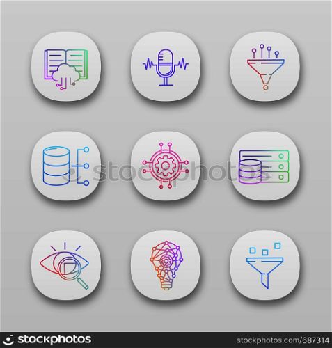 Machine learning app icons set. Artificial intelligence. Database. AI. Digital technology. UI/UX user interface. Web or mobile applications. Vector isolated illustrations. Machine learning app icons set