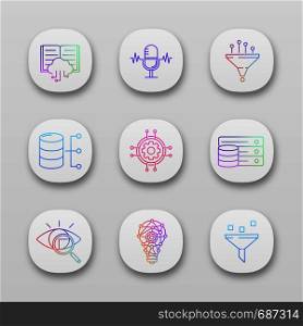 Machine learning app icons set. Artificial intelligence. Database. AI. Digital technology. UI/UX user interface. Web or mobile applications. Vector isolated illustrations. Machine learning app icons set