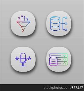 Machine learning app icons set. Data filtering, relational database, server, voice recognition. UI/UX user interface. Web or mobile applications. Vector isolated illustrations. Machine learning app icons set