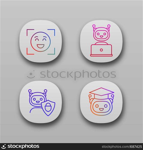 Machine learning app icons set. Emotion detection, chatbot, secured chat bot, teacher robot. UI/UX user interface. Web or mobile applications. Vector isolated illustrations. Machine learning app icons set