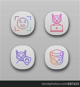 Machine learning app icons set. Emotion detection, chatbot, secured chat bot, teacher robot. UI/UX user interface. Web or mobile applications. Vector isolated illustrations. Machine learning app icons set
