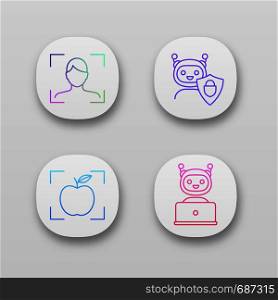 Machine learning app icons set. Facial recognition, secured chatbot, object detection app, chat bot. UI/UX user interface. Web or mobile applications. Vector isolated illustrations. Machine learning app icons set