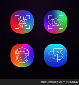 Machine learning app icons set. Fingerprint scanning, iris recognition, teacher bot, data transforming. UI/UX user interface. Web or mobile applications. Vector isolated illustrations. Machine learning app icons set