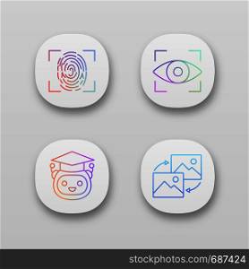 Machine learning app icons set. Fingerprint scanning, iris recognition, teacher bot, data transforming. UI/UX user interface. Web or mobile applications. Vector isolated illustrations. Machine learning app icons set