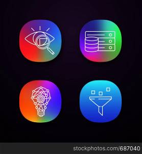 Machine learning app icons set. Retina scan, database, innovation process, data filtering. UI/UX user interface. Web or mobile applications. Vector isolated illustrations. Machine learning app icons set