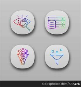 Machine learning app icons set. Retina scan, database, innovation process, data filtering. UI/UX user interface. Web or mobile applications. Vector isolated illustrations. Machine learning app icons set