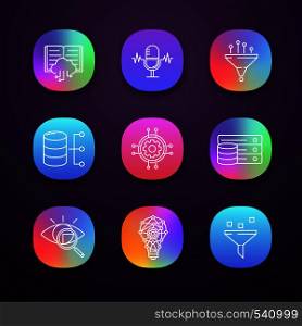 Machine learning app icons set. UI/UX user interface. Artificial intelligence. Database. AI. Digital technology. Web or mobile applications. Vector isolated illustrations. Machine learning app icons set