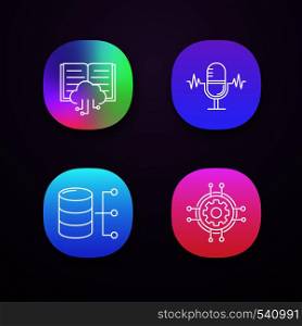 Machine learning app icons set. Voice recognition, cloud computing, relational database, digital settings. UI/UX user interface. Web or mobile applications. Vector isolated illustrations. Machine learning app icons set