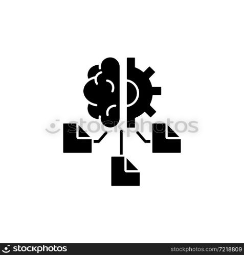 Machine learning black glyph icon. Computer algorithms. Artificial intelligence application. Data modeling. Minimal human supervision. Silhouette symbol on white space. Vector isolated illustration. Machine learning black glyph icon