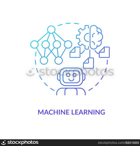Machine learning blue gradient concept icon. Automatic algorithm integration. Data science technology abstract idea thin line illustration. Isolated outline drawing. Myriad Pro-Bold font used. Machine learning blue gradient concept icon