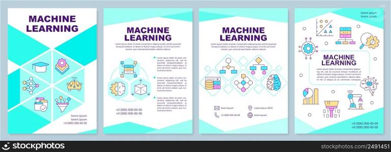 Machine learning brochure template. Data collection and processing. Leaflet design with linear icons. 4 vector layouts for presentation, annual reports. Arial-Black, Myriad Pro-Regular fonts used. Machine learning brochure template