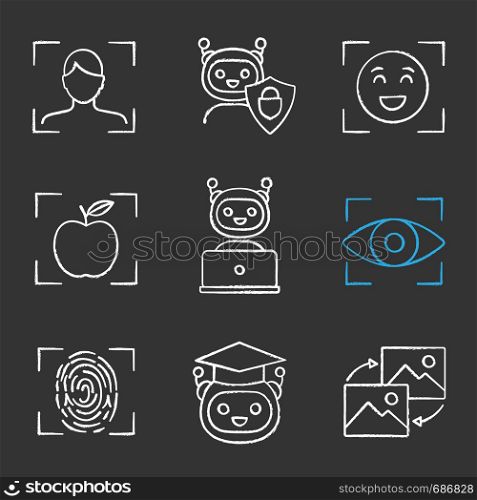 Machine learning chalk icons set. Artificial intelligence. Chatbot, face, retina, fingerprint identification. Isolated vector chalkboard illustrations. Machine learning chalk icons set