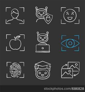 Machine learning chalk icons set. Artificial intelligence. Chatbot, face, retina, fingerprint identification. Isolated vector chalkboard illustrations. Machine learning chalk icons set