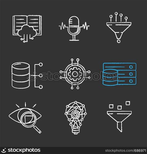Machine learning chalk icons set. Artificial intelligence. Database. AI. Digital technology. Isolated vector chalkboard illustrations. Machine learning chalk icons set