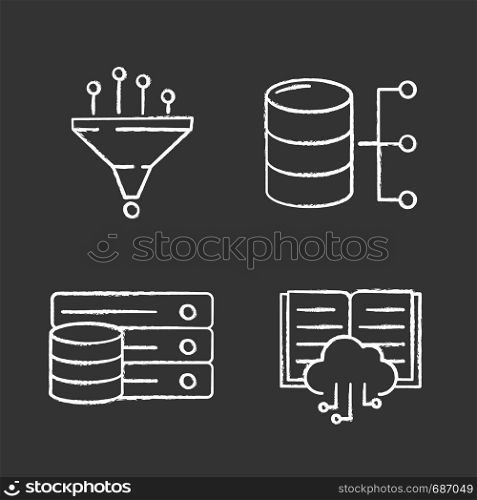 Machine learning chalk icons set. Data filtering, relational database, server, cloud computing. Isolated vector chalkboard illustrations. Machine learning chalk icons set