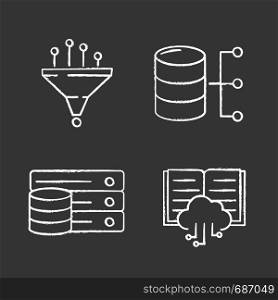 Machine learning chalk icons set. Data filtering, relational database, server, cloud computing. Isolated vector chalkboard illustrations. Machine learning chalk icons set