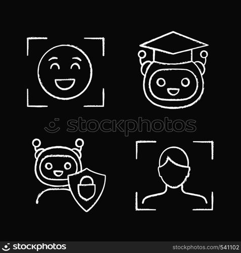 Machine learning chalk icons set. Emotion detection, facial recognition, teacher bot, secured chatbot. Isolated vector chalkboard illustrations. Machine learning chalk icons set