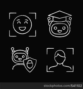 Machine learning chalk icons set. Emotion detection, facial recognition, teacher bot, secured chatbot. Isolated vector chalkboard illustrations. Machine learning chalk icons set