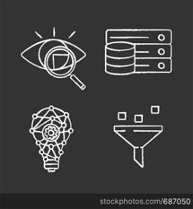 Machine learning chalk icons set. Retina scan, database, innovation process, data filtering. Isolated vector chalkboard illustrations. Machine learning chalk icons set