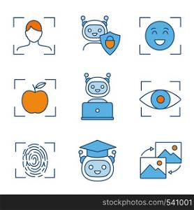 Machine learning color icons set. Artificial intelligence. Chatbot, face, retina, fingerprint identification. Isolated vector illustrations. Machine learning color icons set