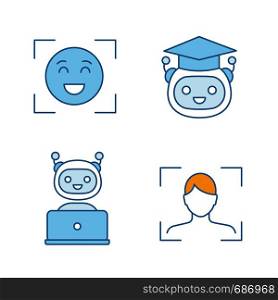Machine learning color icons set. Facial recognition, teacher bot, chatbot, emotion detection. Isolated vector illustrations. Machine learning color icons set