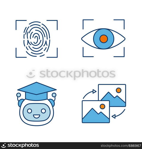 Machine learning color icons set. Fingerprint scanning, iris recognition, teacher bot, data transforming. Isolated vector illustrations. Machine learning color icons set