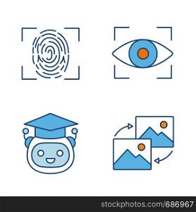 Machine learning color icons set. Fingerprint scanning, iris recognition, teacher bot, data transforming. Isolated vector illustrations. Machine learning color icons set