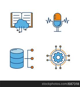 Machine learning color icons set. Voice recognition, cloud computing, relational database, digital settings. Isolated vector illustrations. Machine learning color icons set