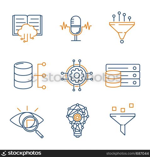 Machine learning color linear icons set. Artificial intelligence. Database. AI. Digital technology. Thin line illustrations. Isolated vector illustrations. Machine learning color linear icons set