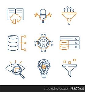 Machine learning color linear icons set. Artificial intelligence. Database. AI. Digital technology. Thin line illustrations. Isolated vector illustrations. Machine learning color linear icons set