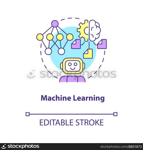 Machine learning concept icon. Automatic algorithm. Data science technology abstract idea thin line illustration. Isolated outline drawing. Editable stroke. Arial, Myriad Pro-Bold fonts used. Machine learning concept icon