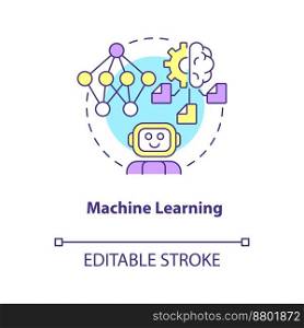 Machine learning concept icon. Automatic algorithm. Data science technology abstract idea thin line illustration. Isolated outline drawing. Editable stroke. Arial, Myriad Pro-Bold fonts used. Machine learning concept icon