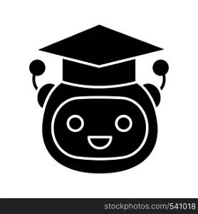 Machine learning glyph icon. Artificial intelligence. Teacher bot. Graduated robot. Chatbot. Bot in graduation hat. Silhouette symbol. Negative space. Vector isolated illustration. Machine learning glyph icon