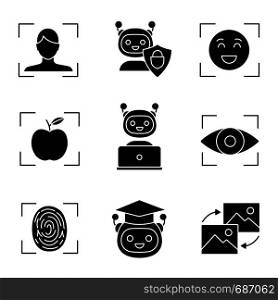 Machine learning glyph icons set. Artificial intelligence. Chatbot, face, retina, fingerprint identification. Silhouette symbols. Vector isolated illustration. Machine learning glyph icons set