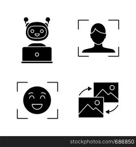 Machine learning glyph icons set. Chatbot, facial recognition, emotion detection, data transforming. Silhouette symbols. Vector isolated illustration. Machine learning glyph icons set