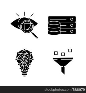 Machine learning glyph icons set. Retina scan, database, innovation process, data filtering. Silhouette symbols. Vector isolated illustration. Machine learning glyph icons set