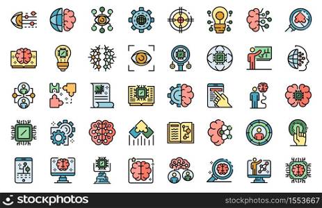 Machine learning icons set. Outline set of machine learning vector icons thin line color flat on white. Machine learning icons set vector flat