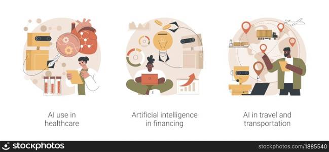 Machine learning in industry abstract concept vector illustration set. AI use in healthcare and financing, artificial intelligence in travel and transportation, smart booking abstract metaphor.. Machine learning in industry abstract concept vector illustrations.