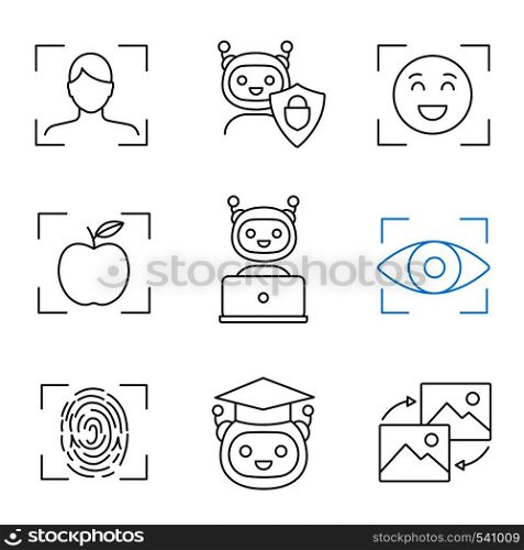 Machine learning linear icons set. Artificial intelligence. Chatbot, face, retina, fingerprint identification. Thin line contour symbols. Isolated vector outline illustrations. Editable stroke. Machine learning linear icons set