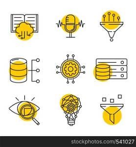 Machine learning linear icons set. Artificial intelligence. Database. AI. Digital technology. Thin line contour symbols with yellow circles. Isolated vector outline illustrations. Machine learning linear icons set