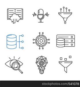Machine learning linear icons set. Artificial intelligence. Database. AI. Digital technology. Thin line contour symbols. Isolated vector outline illustrations. Editable stroke. Machine learning linear icons set