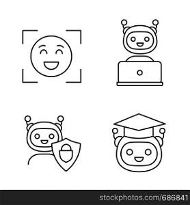 Machine learning linear icons set. Emotion detection, chatbot, secured chat bot, teacher robot. Thin line contour symbols. Isolated vector outline illustrations. Editable stroke. Machine learning linear icons set