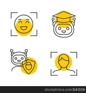 Machine learning linear icons set. Emotion detection, facial recognition, teacher bot, secured chatbot. Thin line contour symbols with yellow circles. Isolated vector outline illustrations. Machine learning linear icons set
