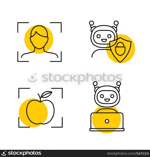 Machine learning linear icons set. Facial recognition, secured chatbot, object detection app, chat bot. Thin line contour symbols with yellow circles. Isolated vector outline illustrations. Machine learning linear icons set