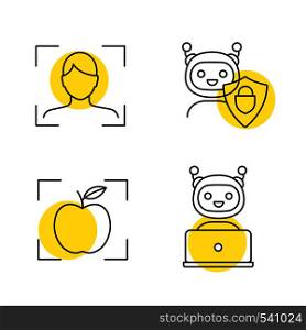Machine learning linear icons set. Facial recognition, secured chatbot, object detection app, chat bot. Thin line contour symbols with yellow circles. Isolated vector outline illustrations. Machine learning linear icons set