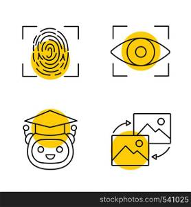 Machine learning linear icons set. Fingerprint scanning, iris recognition, teacher bot, data transforming. Thin line contour symbols with yellow circles. Isolated vector outline illustrations. Machine learning linear icons set