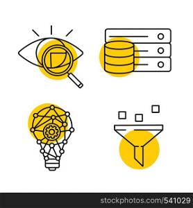Machine learning linear icons set. Retina scan, database, innovation process, data filtering. Thin line contour symbols with yellow circles. Isolated vector outline illustrations. Machine learning linear icons set