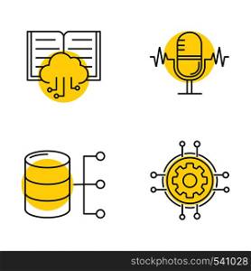 Machine learning linear icons set. Voice recognition, cloud computing, relational database, digital settings. Thin line contour symbols with yellow circles. Isolated vector outline illustrations. Machine learning linear icons set