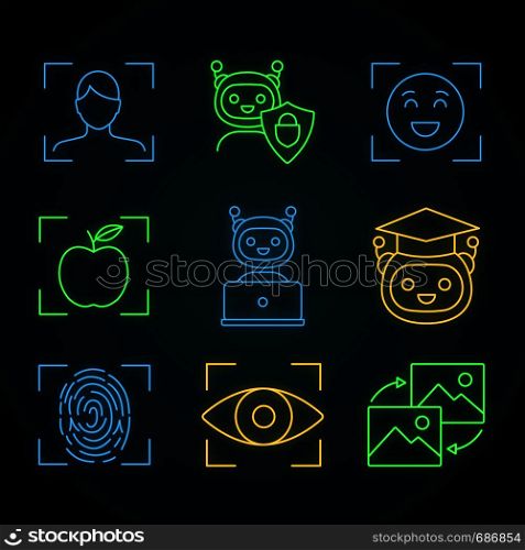 Machine learning neon light icons set. Artificial intelligence. Chatbot, face, retina, fingerprint identification. Glowing signs. Vector isolated illustrations. Machine learning neon light icons set